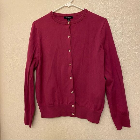 Lands End cotton nylon button up cardigan sweater School uniform pink womans M - Picture 1 of 7